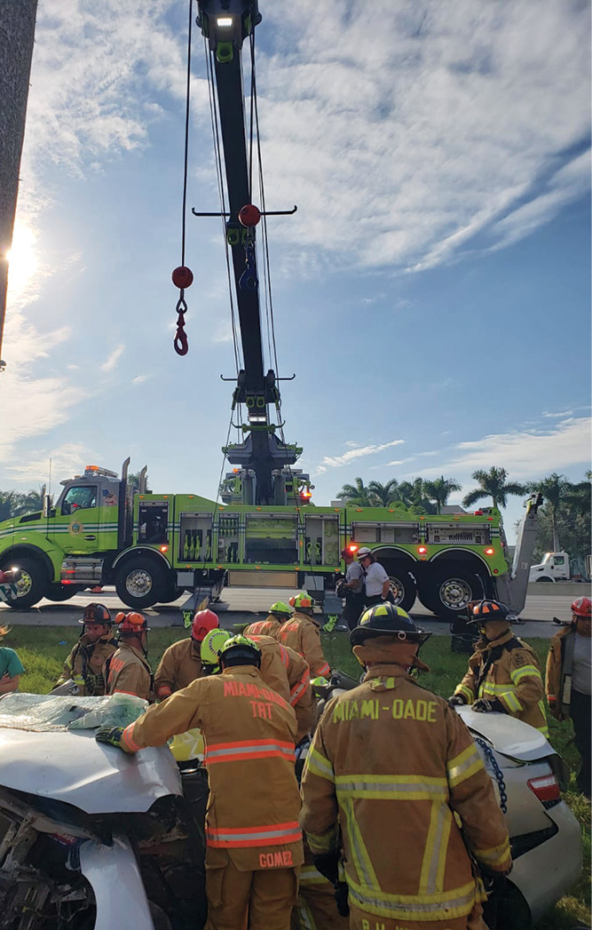 Miami-Dade (FL) Fire Rescue’s heavy rescue rotator “The Heavy” on the scene of its first save. 