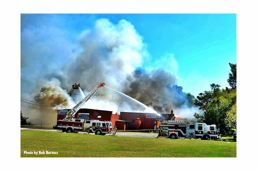 Firefighters respond to a fire at a commercial building in Rocky Mount, North Carolina.