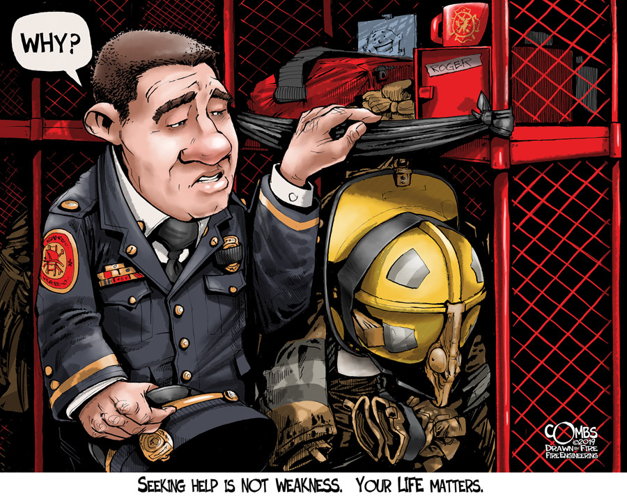 Firefighter looking at other firefighter's locker