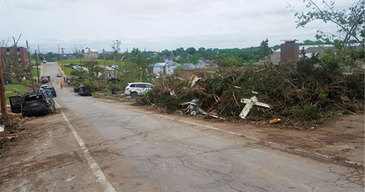 The devastation in Jefferson City after an EF-3 tornado cut through the heart of the city in the shadow of the state capital. (Photo courtesy of Jefferson City Public Works.)