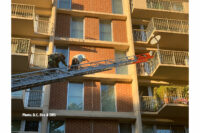 A D.C. firefighter rescues a person from the fire via a ladder.