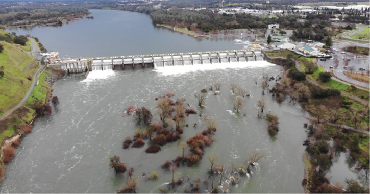 Hazard planning flooded areas near the Nimbus Dam on the Sacramento River, Sacramento, California.