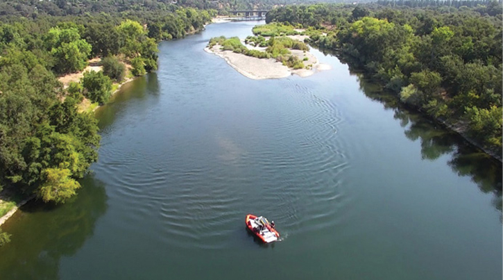 Coordinated search training with a rescue boat company over the Sacramento River, Sacramento, California.