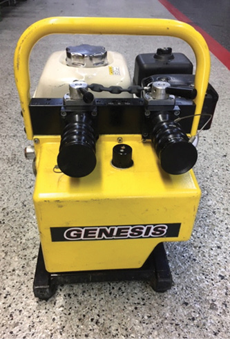 The valves on this hydraulic power unit are set to the right so the pump will deliver high flow to that tool. It will work faster (a higher gpm), but it still flows at 10.5 psi. Read the manuals of your tool kit to learn the specifics of its correct operation.