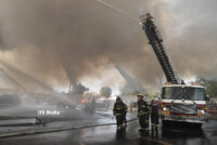 A view of the fire scene including apparatus array