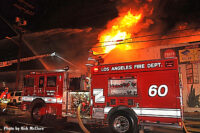 LAFD pumper with deck gun and streams in the distance