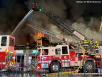 Apparatus arrayed at the scene of a fire in Baltimore, Maryland.