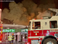 Hose streams applied to a raging fire in Baltimore.