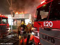 A view of L.A. firefighters and apparatus on the fireground.