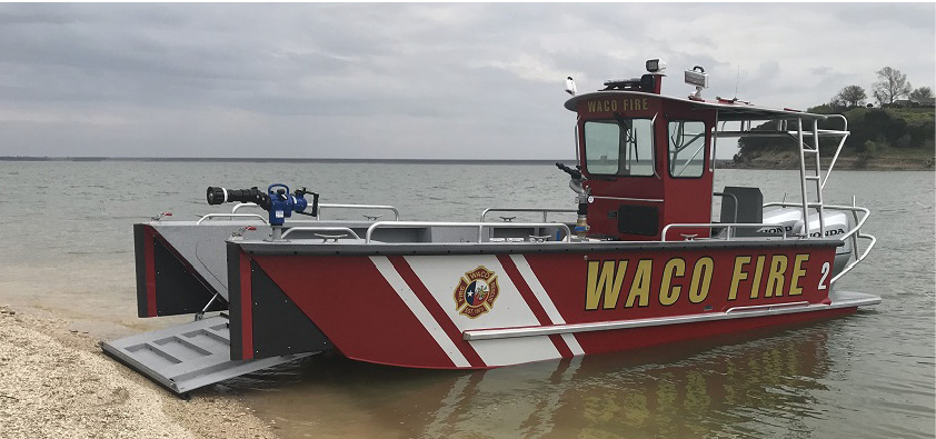 The Waco (TX) Fire Department purchased this LAKE ASSAULT BOATS fire and rescue craft after seeing the performance of a similar boat owned by a neighboring fire department. The unit protects Lake Waco and a section of the Brazos River for firefighting, rescue, and dive operations. 