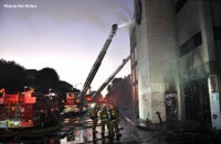 An aerial stream is aimed at the building.