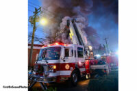 A Williston Park (NY) aerial set up at the fire.