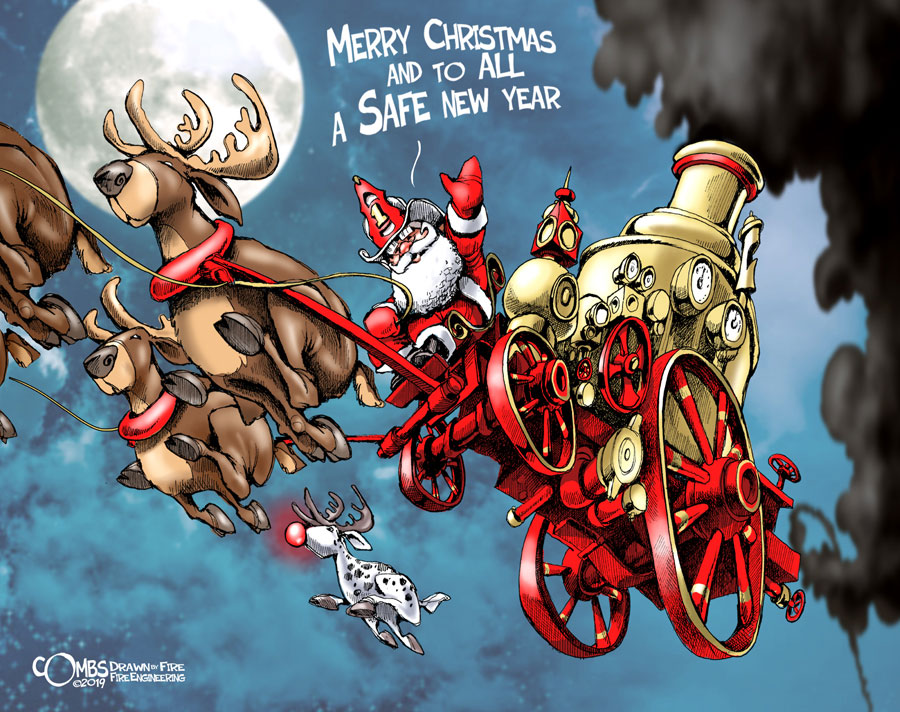 Santa on an old pumper drawn by reindeer