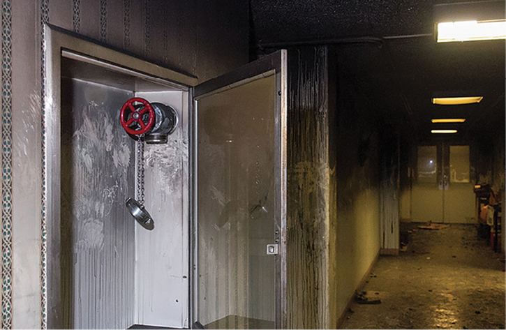 The standpipe connections in the hallways. Although incidents vary, hooking up to the floor below is the best practice.