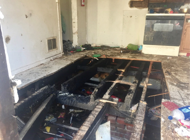 One beam of the floor in the kitchen over the origin of the fire was removed to gain access for overhaul. The initial attack line was stretched to the interior, and the second line was stretched to the exterior.