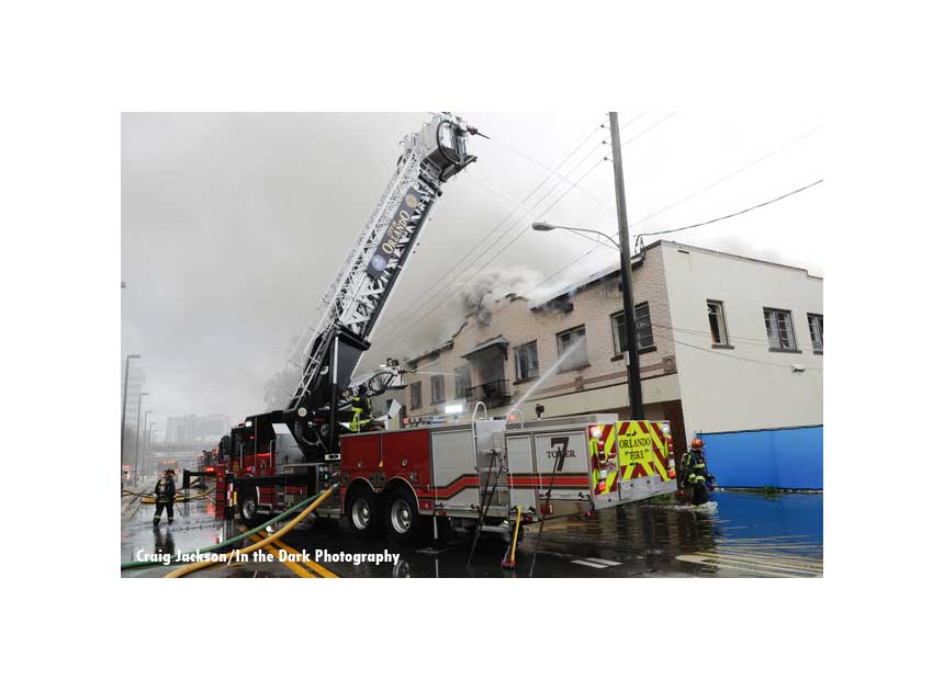 Another view of aerial apparatus at work at Orlando fire