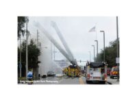 A view of tower ladders working at the fire