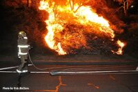 A firefighter waits for water at the scene of a brush fire