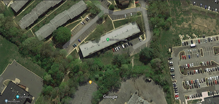 An overview of an apartment complex in Prince George’s County, Maryland. The green marker indicates the call location. The yellow marker is the truck apparatus’s position. Using the adjacent shopping center parking lot, the officer guided the truck driver to the building’s side A. Using mapping technology, they spotted a way to gain access. (Imagery ©2019 Google, Imagery ©2019 Commonwealth of Virginia, Maxar Technologies, Sanborn, U.S. Geological Survey, Map data ©2019)