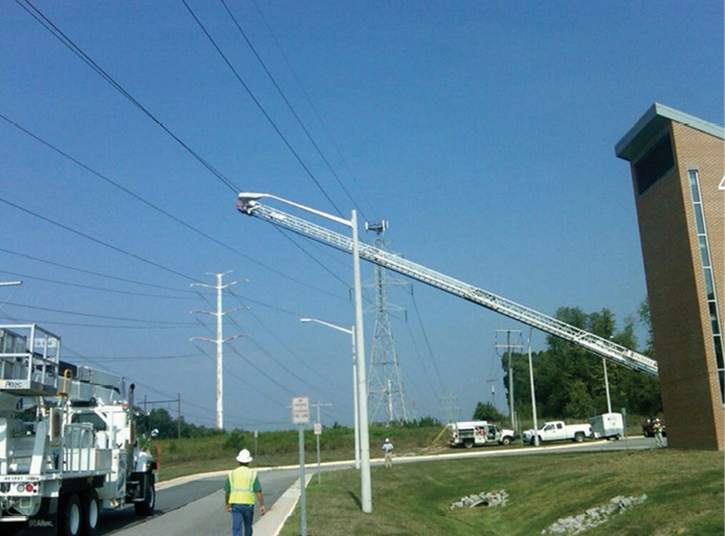 This morning aerial apparatus check did not go well. [Photo courtesy of Fairfax County (VA) Fire Rescue and Firefighter Close Calls.]