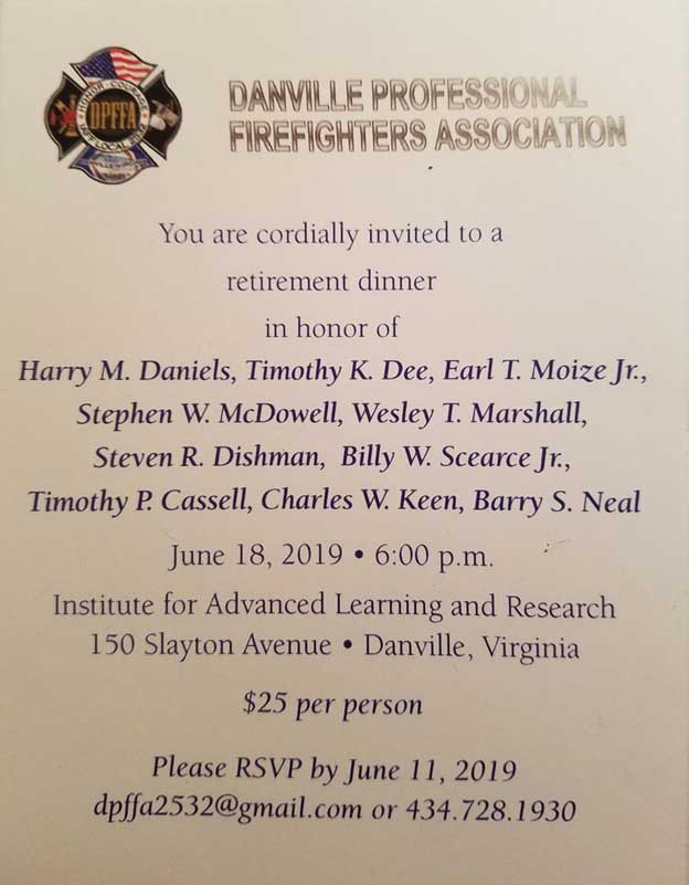 DPFFA Retirement Dinner Invitation.