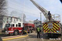 Two fire trucks at the scene of an apartment fire in Rockford