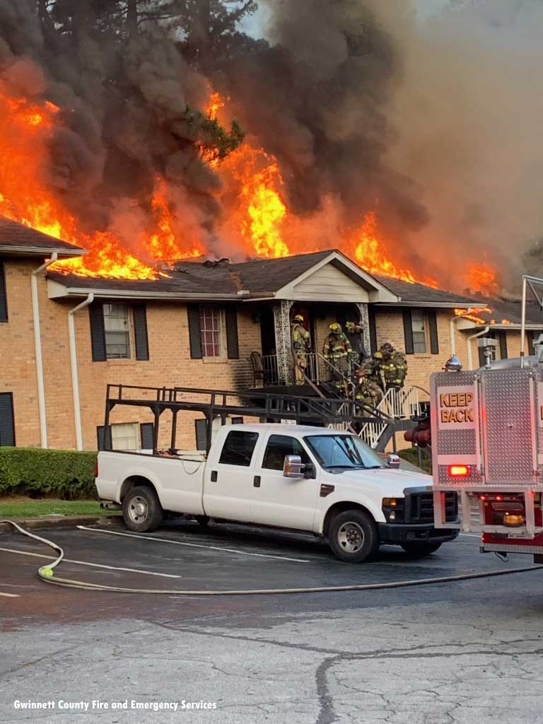 Firefighters at the scene of a major fire in Gwinnett County, Georgia.