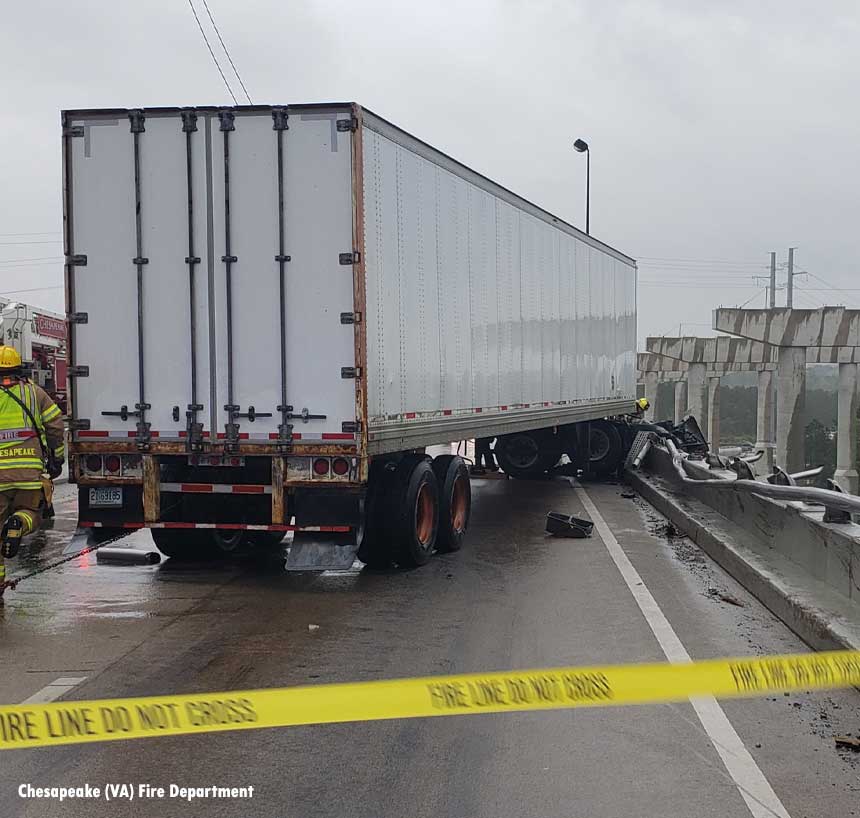 The trailer of the vehicle on the bridge