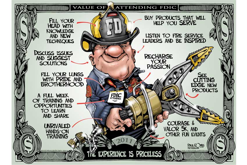 Firefighter on a dollar bill holding extrication tools