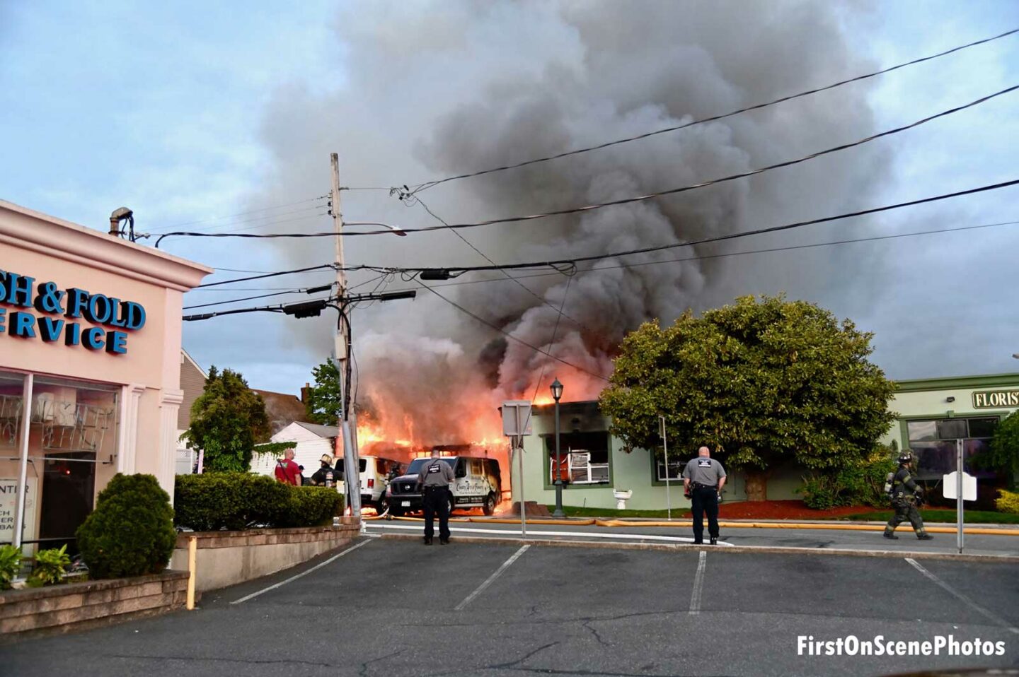 Flames shoot from a florist in West Hempstead, New York.