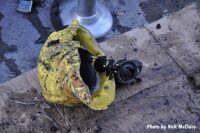 A burned fire helmet after the Los Angeles explosion