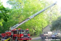 An aerial device in use at the fire