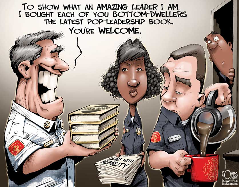 Paul Combs illustration of fire chief handing out leadership books to firefighters