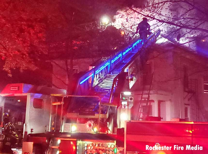 Firefighters at a two-alarm fire in Rochester, New York