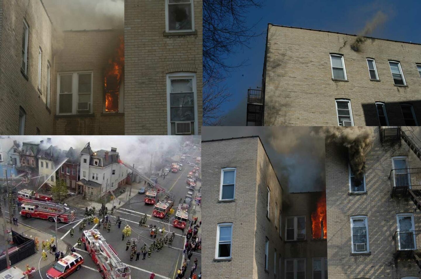 Different views of a fire building and fireground, including fire apparatus array