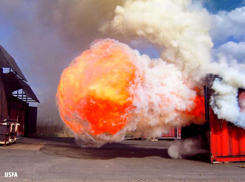 Fire erupts from flashover can