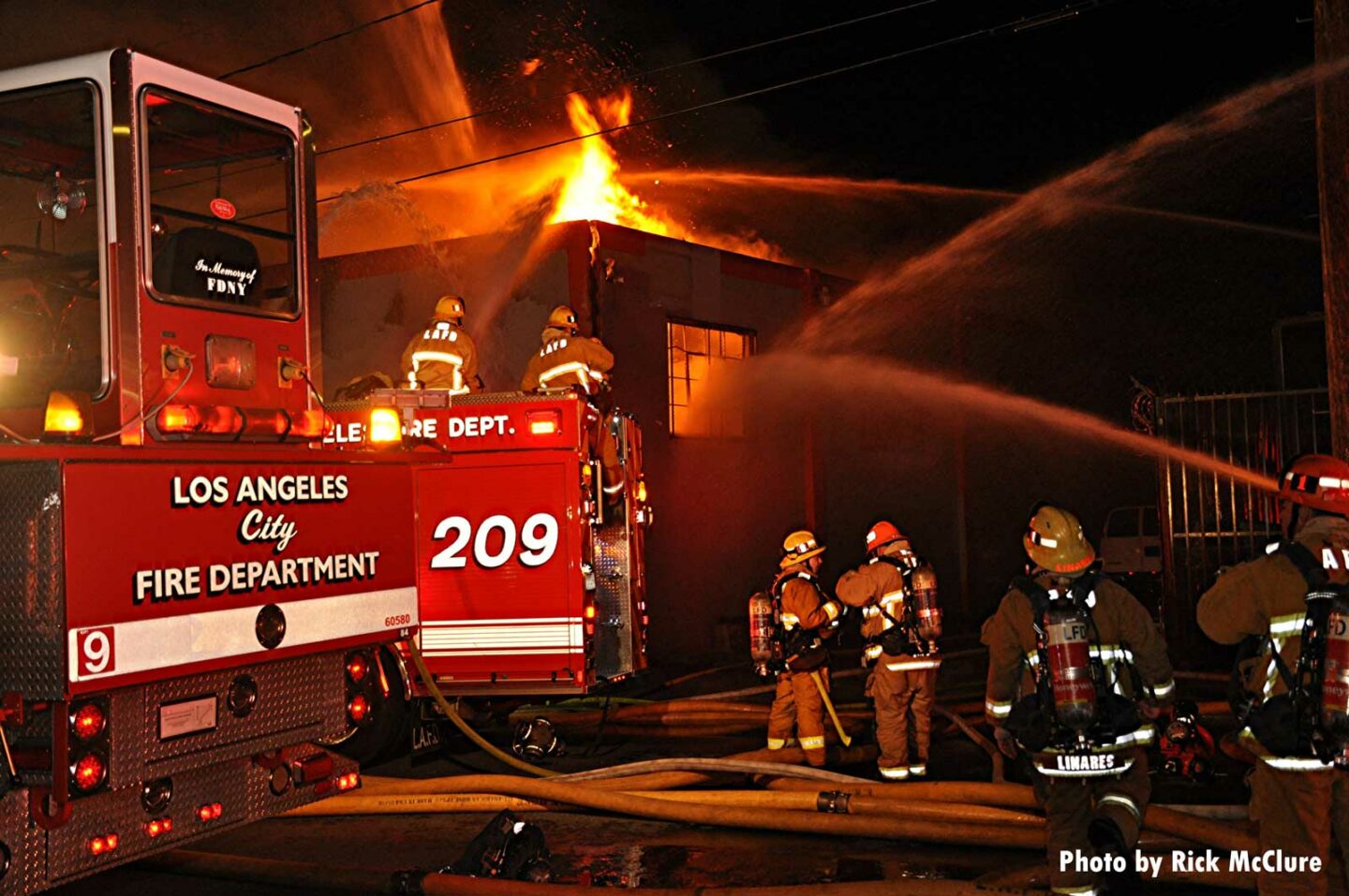 LAFD firefighters battling a major emergency fire