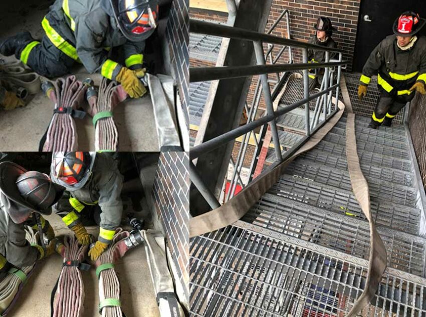 Firefighters working on hose packs and stretching a dry line up stairs