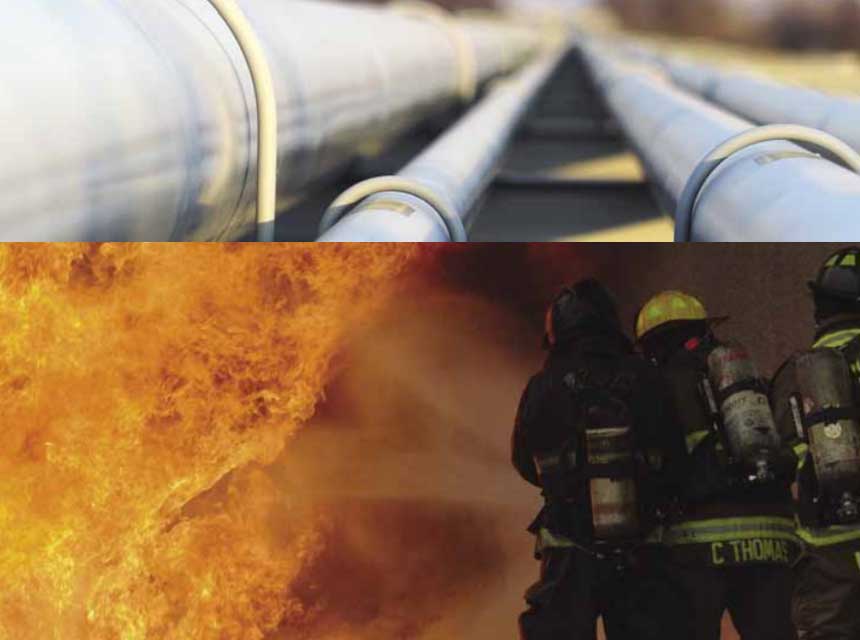 Transmission pipelines and firefighters battling flames from a natural gas emergency