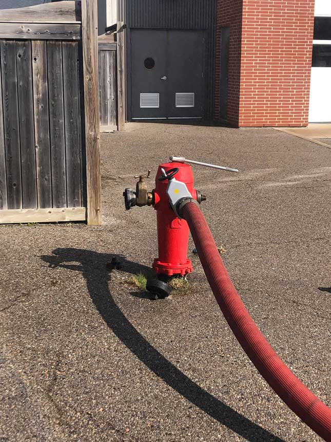 A hydrant dressed with the main supply line coming off the steamer port