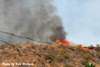 Flames crest a hill during a wildfire