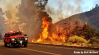 Fire vehicle near road with wildfire burning