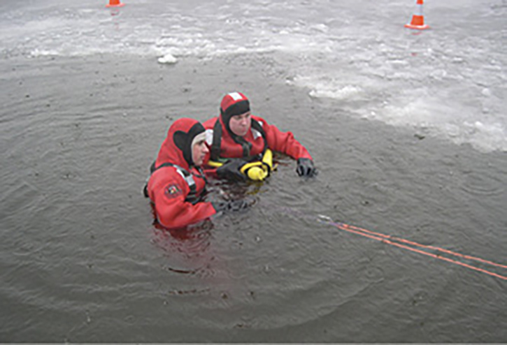 Ice rescue team members in the water