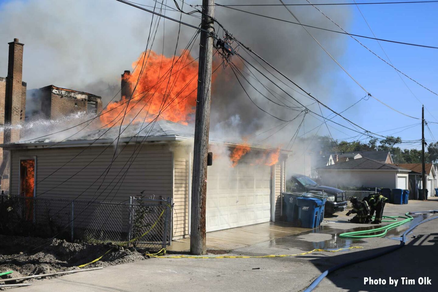 Raging fire on the roof of a garage