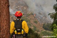 A firefighter looks out across the California landscape as Bobcat Fire continues to burn