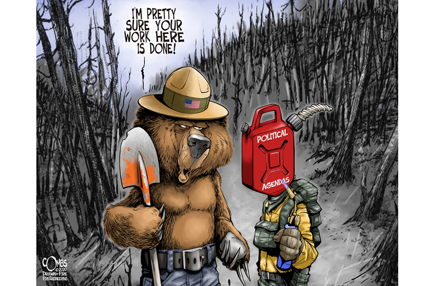 In the wildland urban interface, bear ranger talking to a firefighter with a head that looks like a can of gasoline