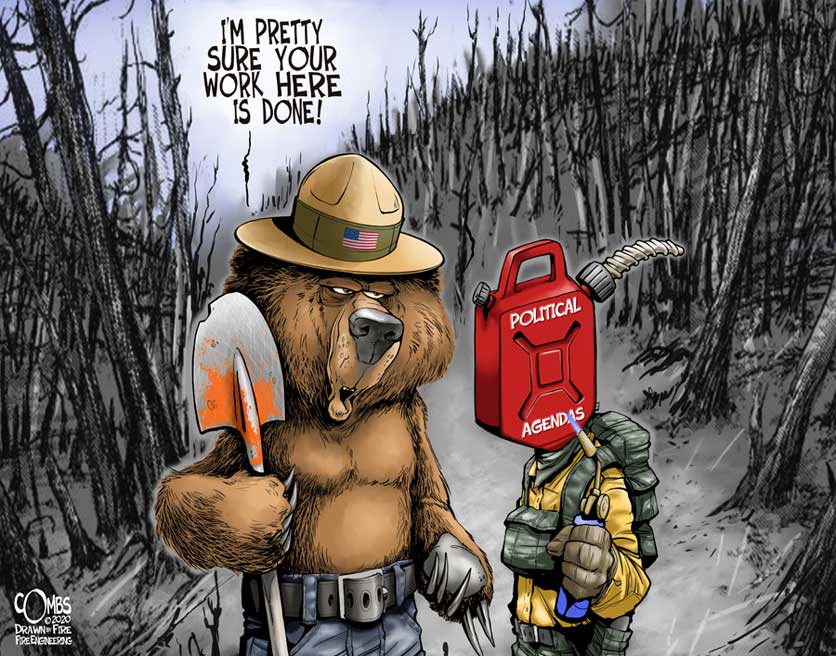 Bear ranger talking to a can of gasoline