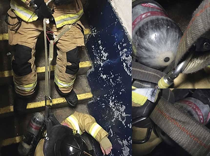 Firefighter moving a down colleague using a MAS