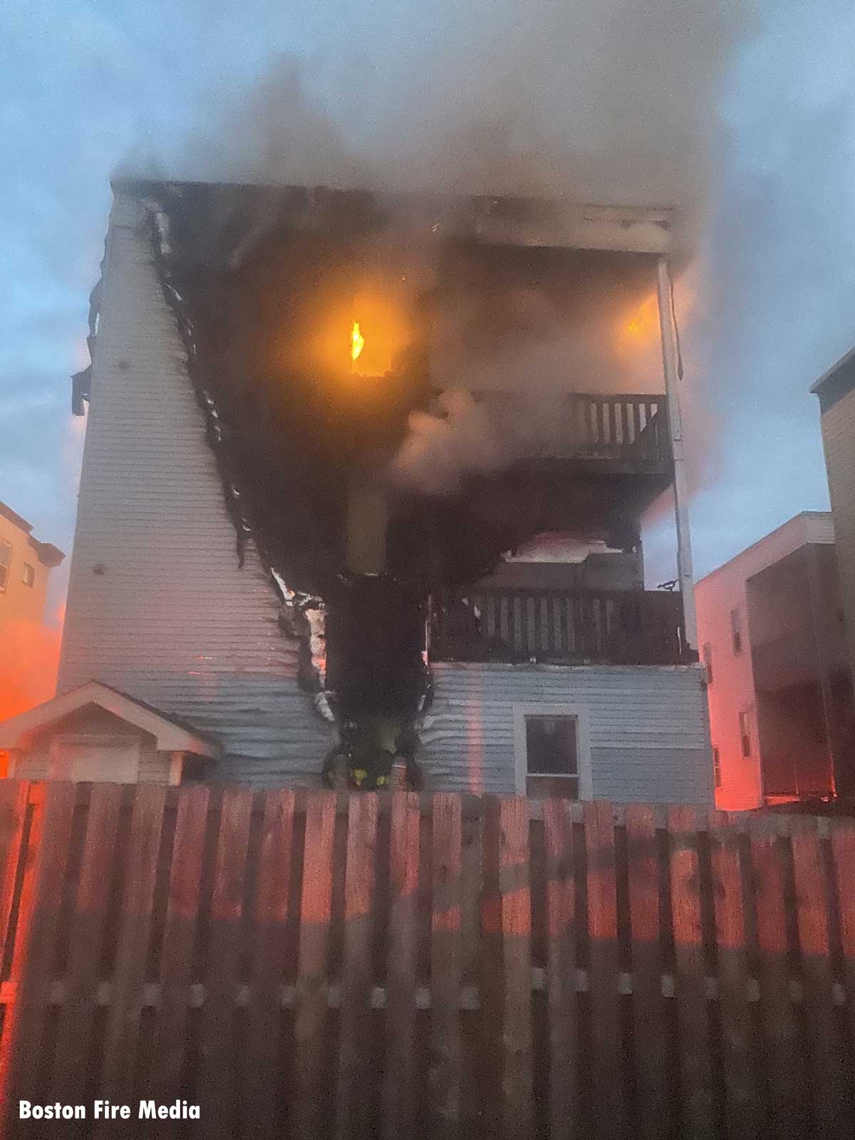 A view of the building, with fire and hotspots