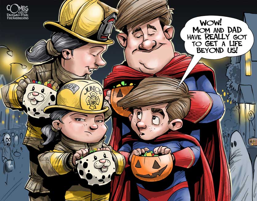 Cartoon of parents going trick-or-treating with their kids